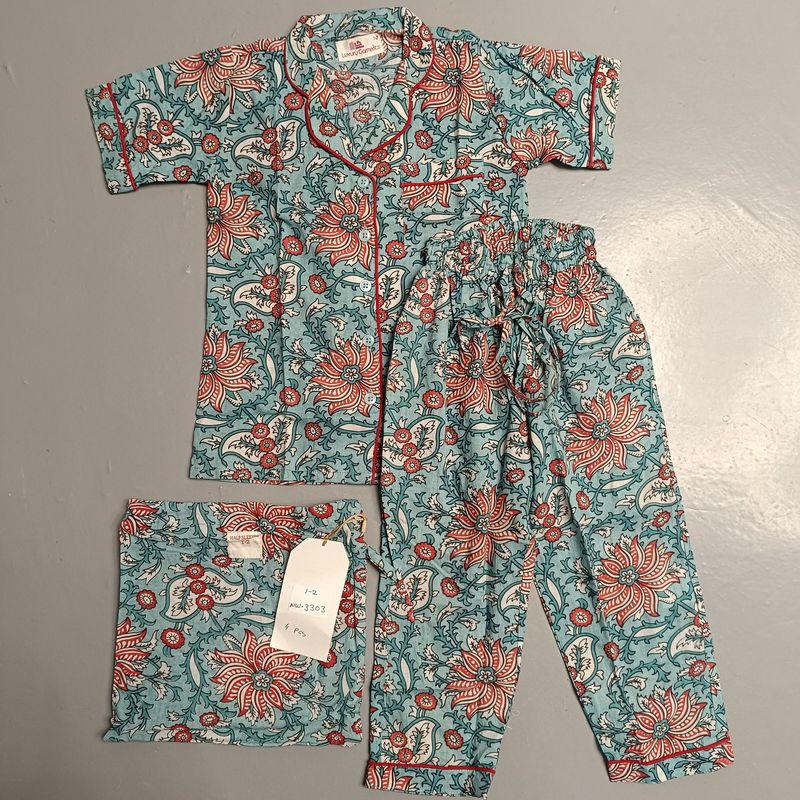 1-2 Year Cotton Half Sleeves Shirt Collar Neck Full Pajama Set