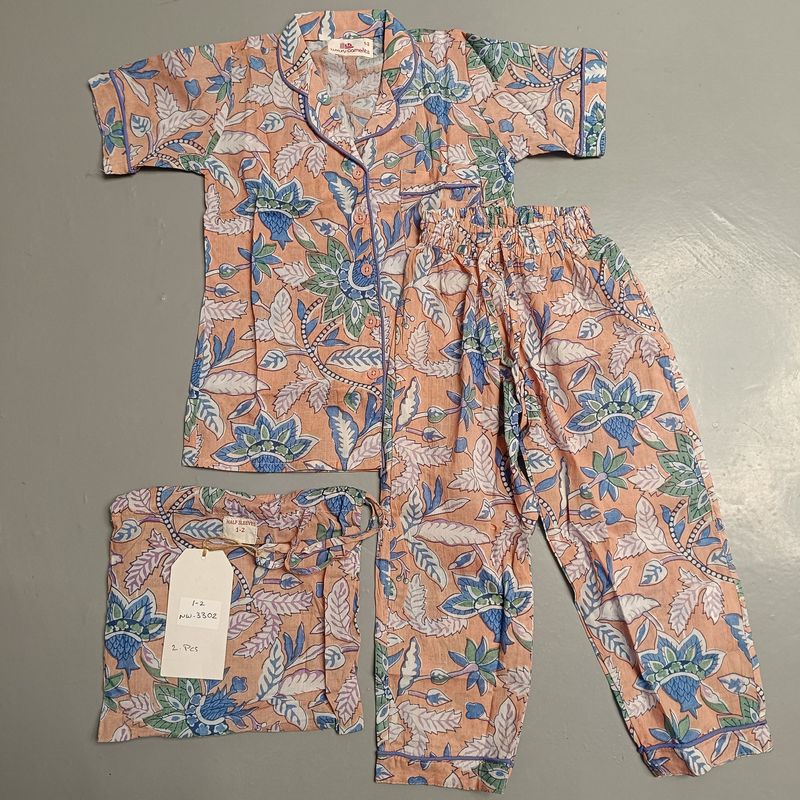1-2 Year Cotton Half Sleeves Shirt Collar Neck Full Pajama Set