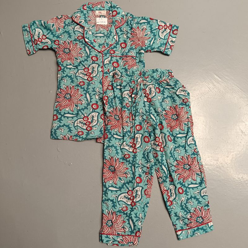 1-2 Year Cotton Half Sleeves Shirt Collar Neck Full Pajama Set