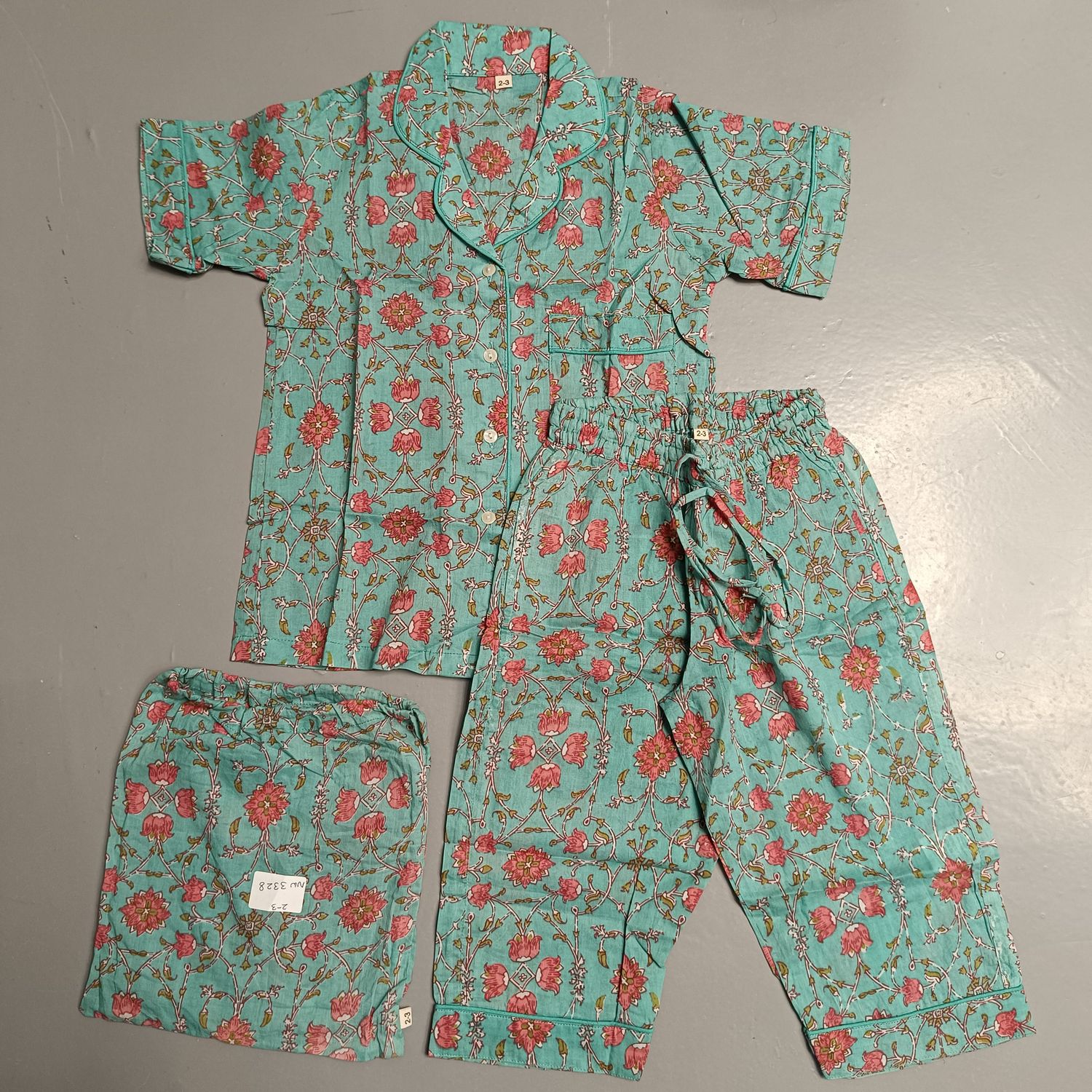2-3 Year Cotton Half Sleeves Shirt Collar Neck Full Pajama Set