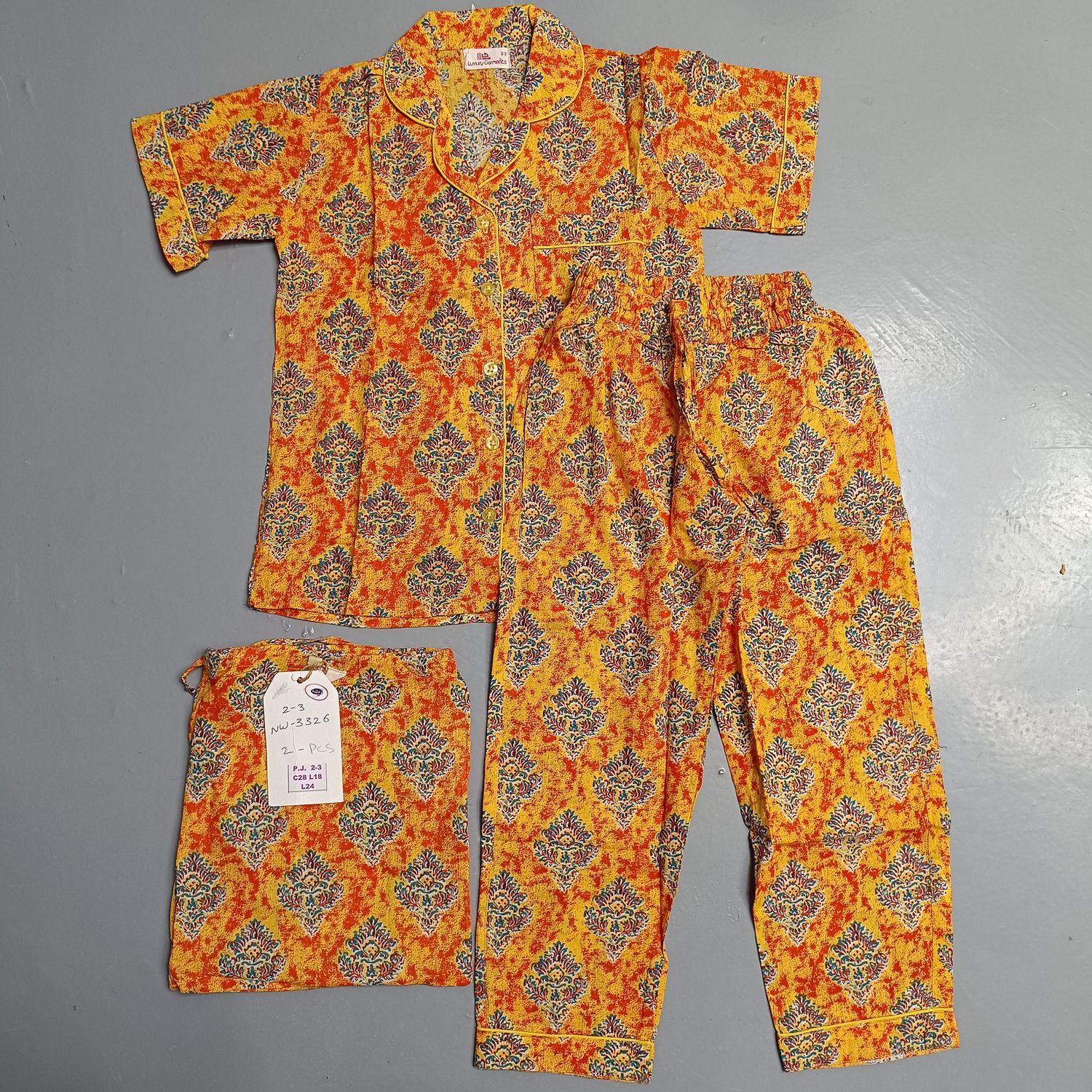 2-3 Year Cotton Half Sleeves Shirt Collar Neck Full Pajama Set