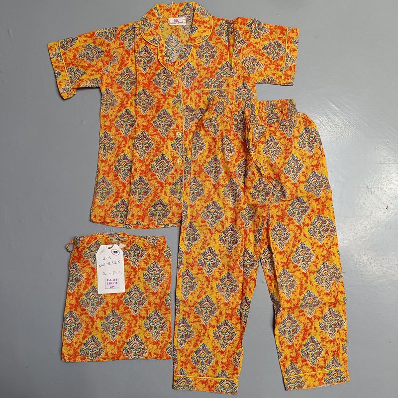 2-3 Year Cotton Half Sleeves Shirt Collar Neck Full Pajama Set