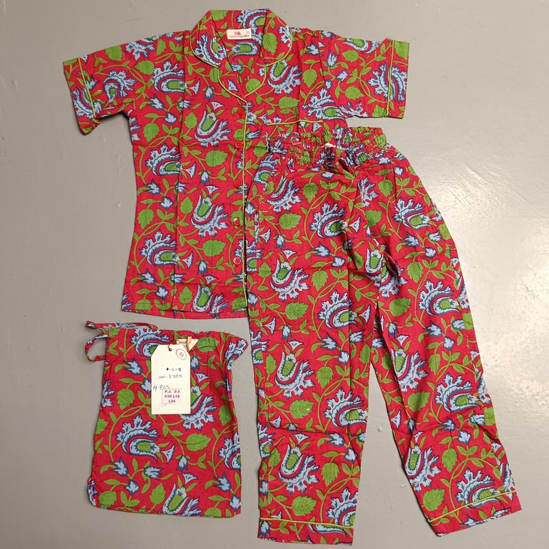 2-3 Year Cotton Half Sleeves Shirt Collar Neck Full Pajama Set