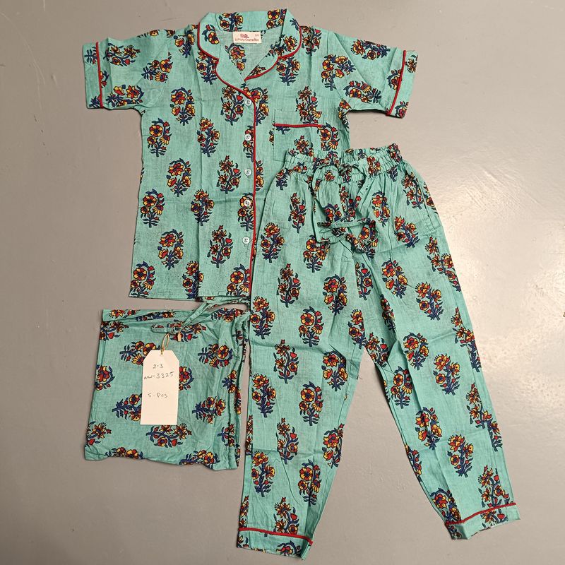 2-3 Year Cotton Half Sleeves Shirt Collar Neck Full Pajama Set