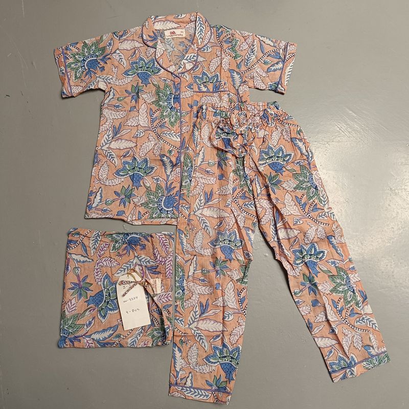 2-3 Year Cotton Half Sleeves Shirt Collar Neck Full Pajama Set