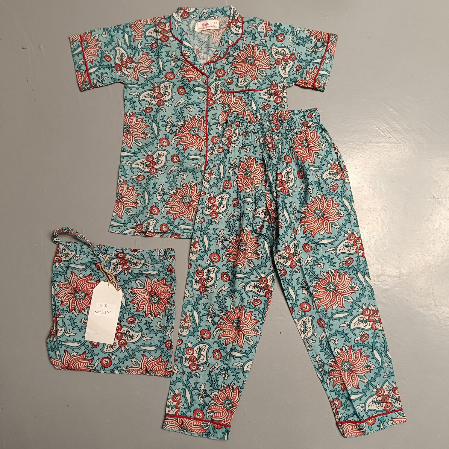 2-3 Year Cotton Half Sleeves Shirt Collar Neck Full Pajama Set
