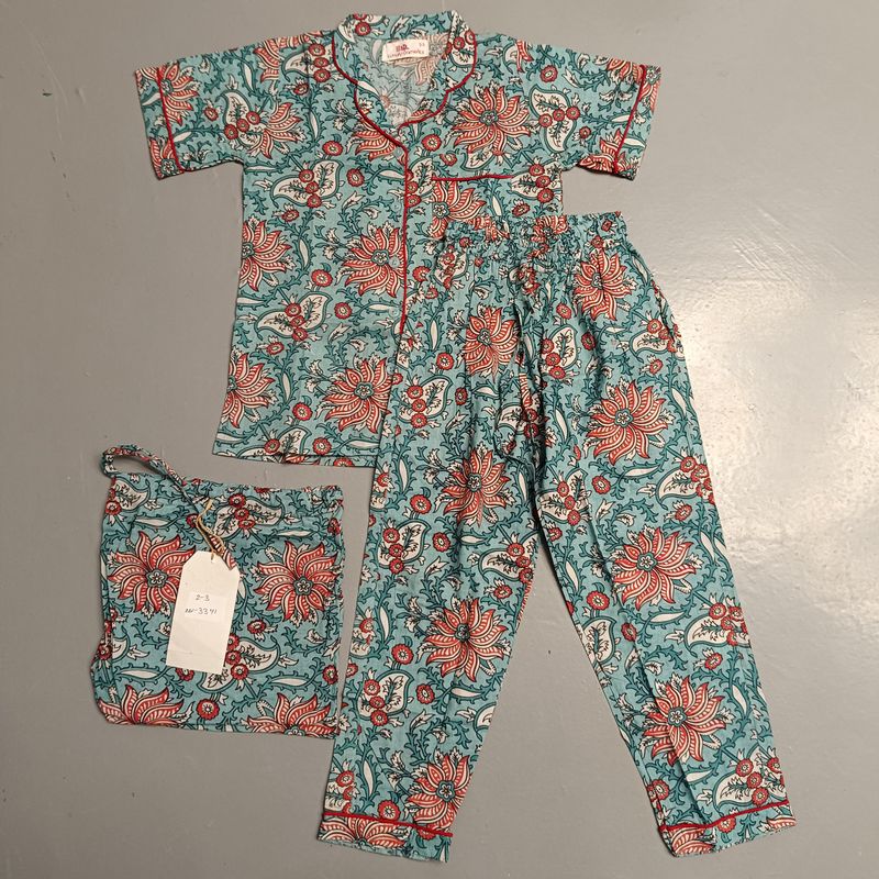 2-3 Year Cotton Half Sleeves Shirt Collar Neck Full Pajama Set