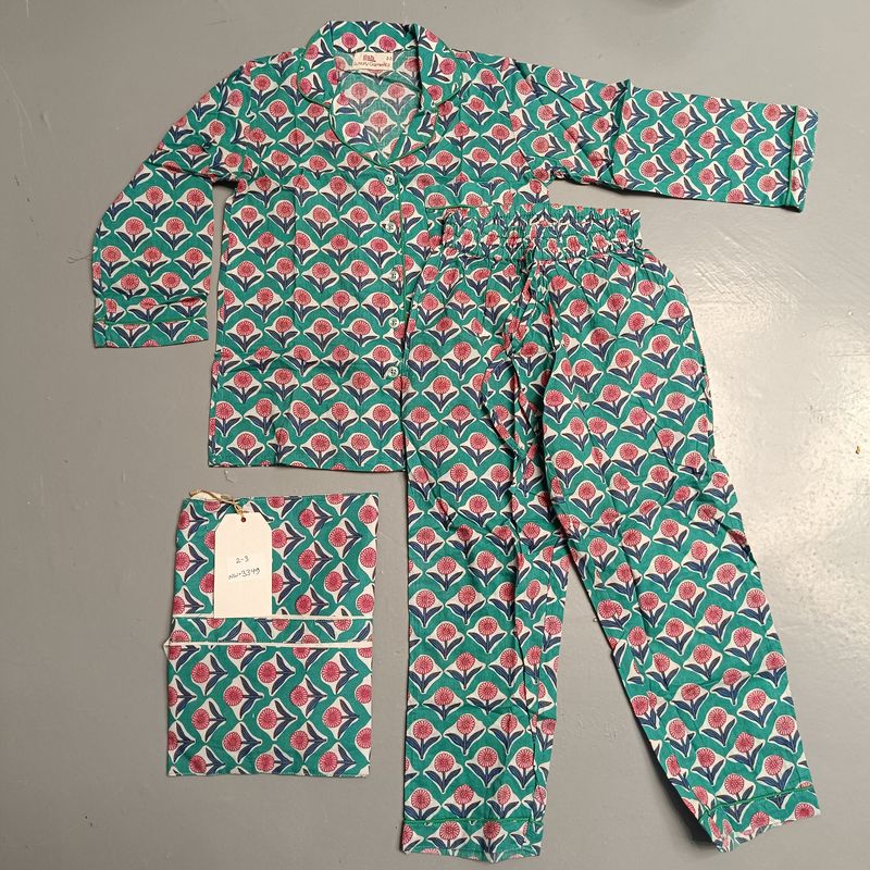 2-3 Year Cotton Full Sleeves Shirt Collar Neck Full Pajama Set