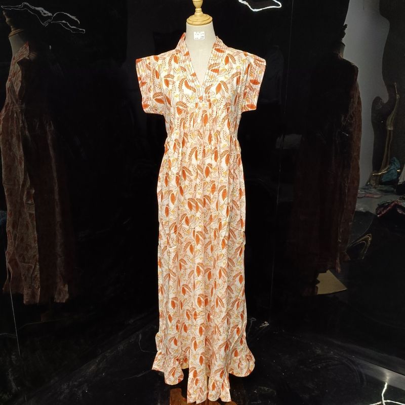 S/M Amani Printed Cotton Dress 57" Short Sleeves Jalabiya