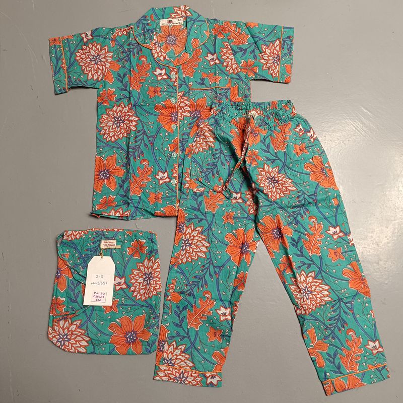 2-3 Year Cotton Half Sleeves Shirt Collar Neck Full Pajama Set
