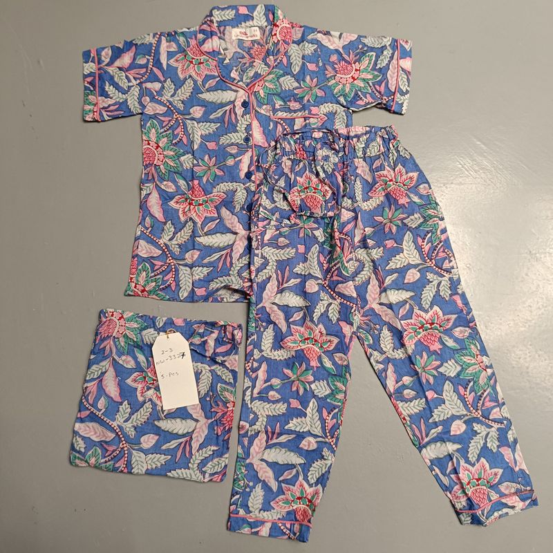 2-3 Year Cotton Half Sleeves Shirt Collar Neck Full Pajama Set