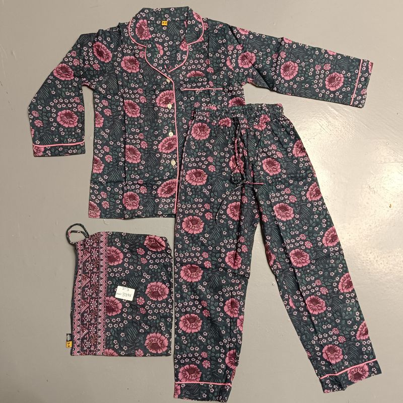 2-3 Year Cotton Full Sleeves Shirt Collar Neck Full Pajama Set
