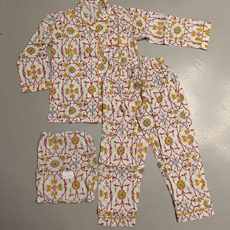 2-3 Year Cotton Full Sleeves Shirt Collar Neck Full Pajama Set
