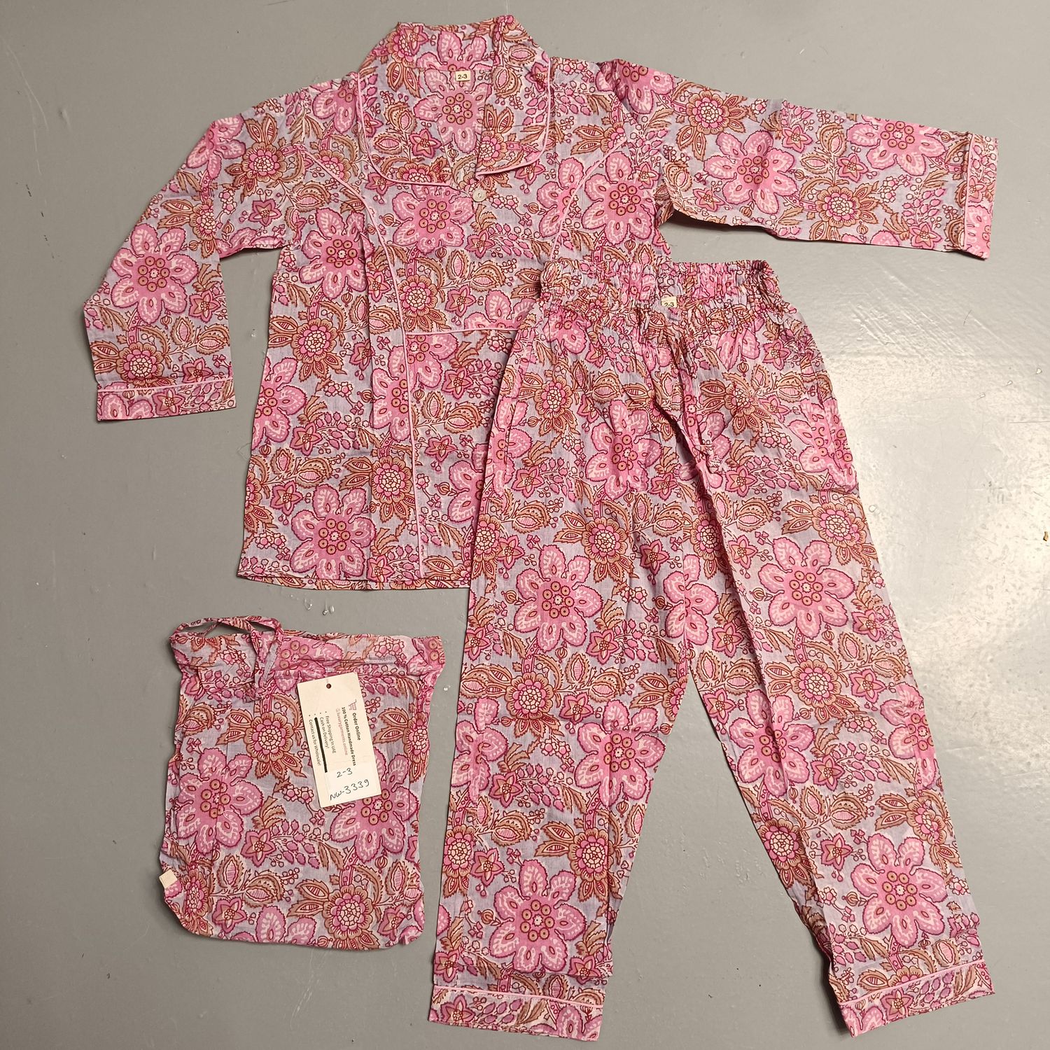 2-3 Year Cotton Full Sleeves Shirt Collar Neck Full Pajama Set