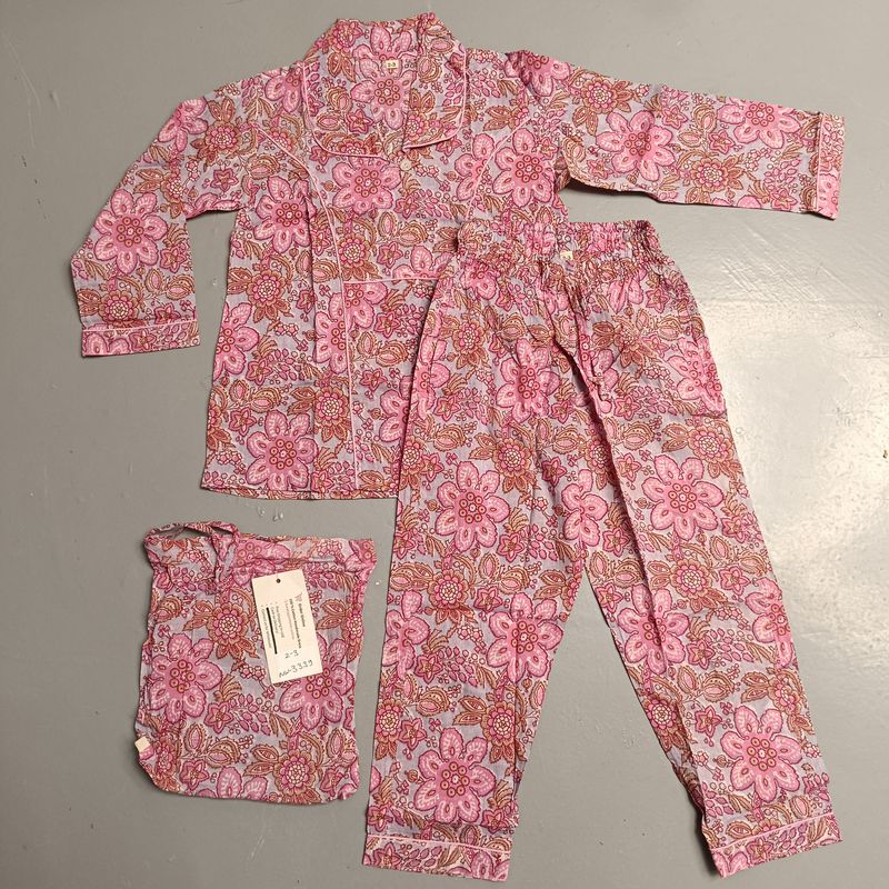 2-3 Year Cotton Full Sleeves Shirt Collar Neck Full Pajama Set