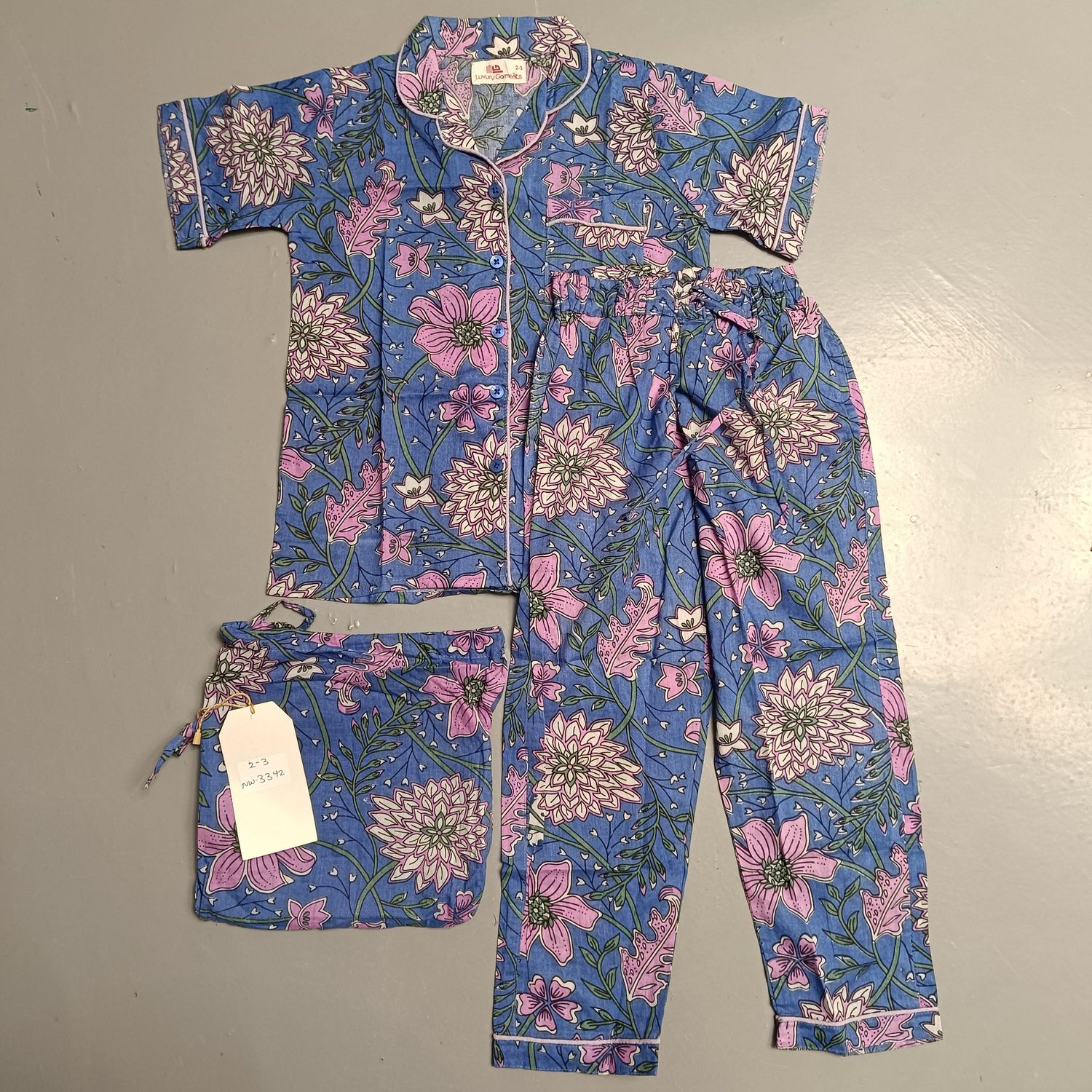 2-3 Year Cotton Half Sleeves Shirt Collar Neck Full Pajama Set