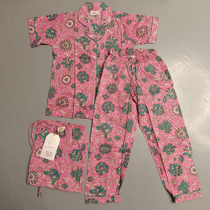 2-3 Year Cotton Half Sleeves Shirt Collar Neck Full Pajama Set