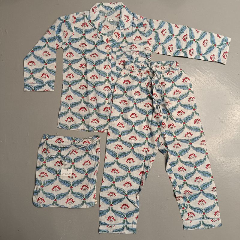 2-3 Year Cotton Full Sleeves Shirt Collar Neck Full Pajama Set