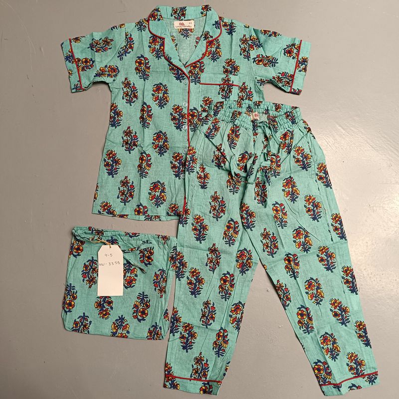 4-5 Year Cotton Half Sleeves Shirt Collar Neck Full Pajama Set