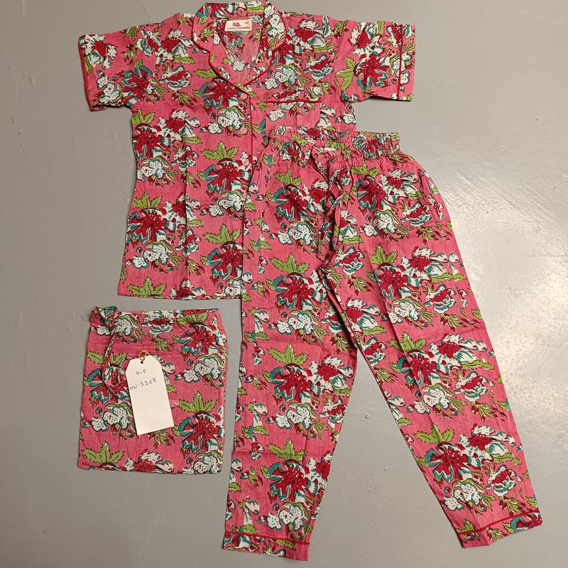 4-5 Year Cotton Half Sleeves Shirt Collar Neck Full Pajama Set