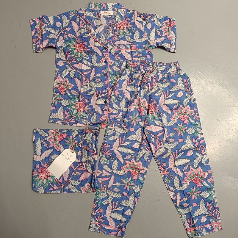 4-5 Year Cotton Half Sleeves Shirt Collar Neck Full Pajama Set