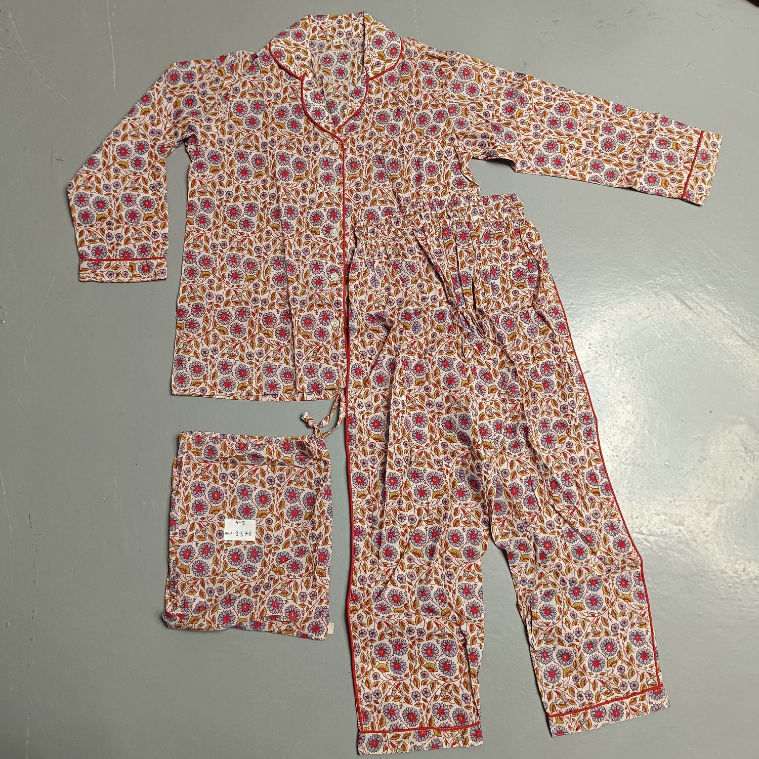 4-5 Year Cotton Full Sleeves Shirt Collar Neck Full Pajama Set