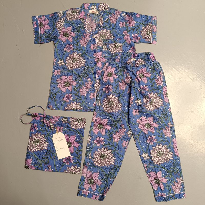 4-5 Year Cotton Half Sleeves Shirt Collar Neck Full Pajama Set