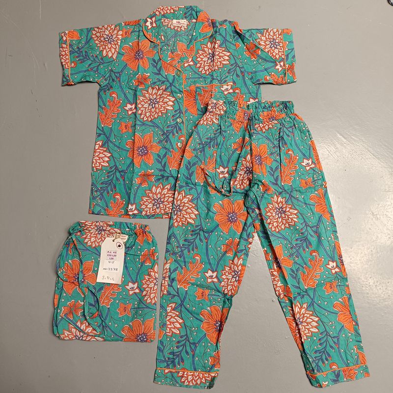 4-5 Year Cotton Half Sleeves Shirt Collar Neck Full Pajama Set