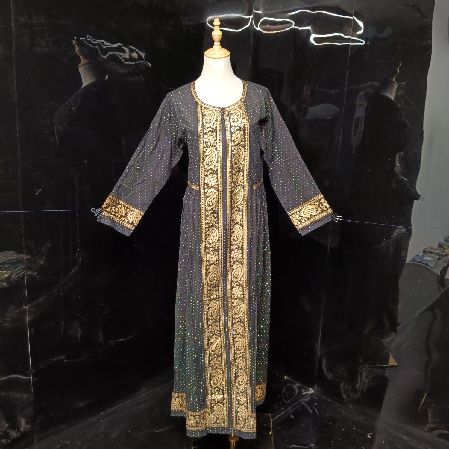 S/M Bhopali Crystal Black Golden Dress 56" Long Jalabiya