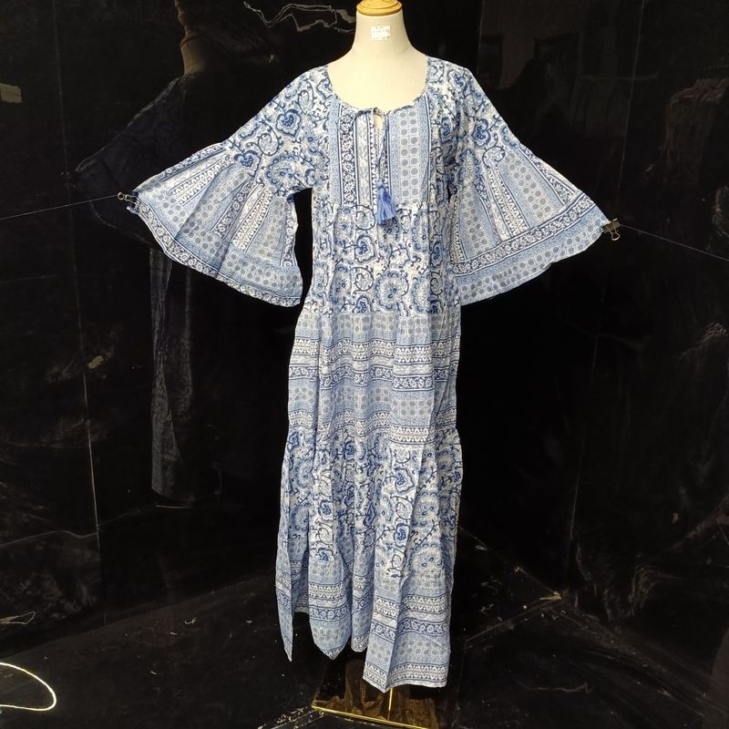 S/M Gaby Crystal Blue Printed Cotton Dress 57" Long Jalabiya