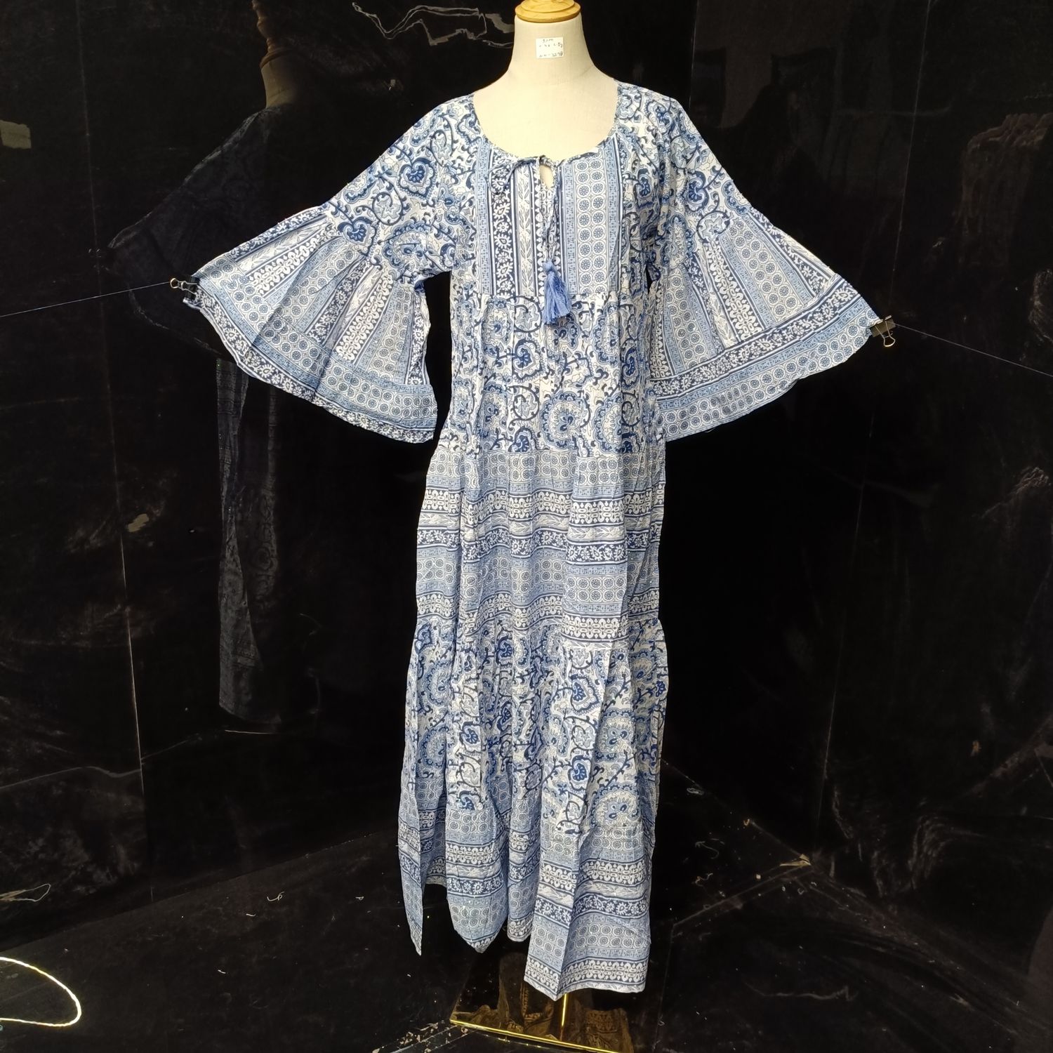 S/M Gaby Crystal Blue Printed Cotton Dress 57" Long Jalabiya