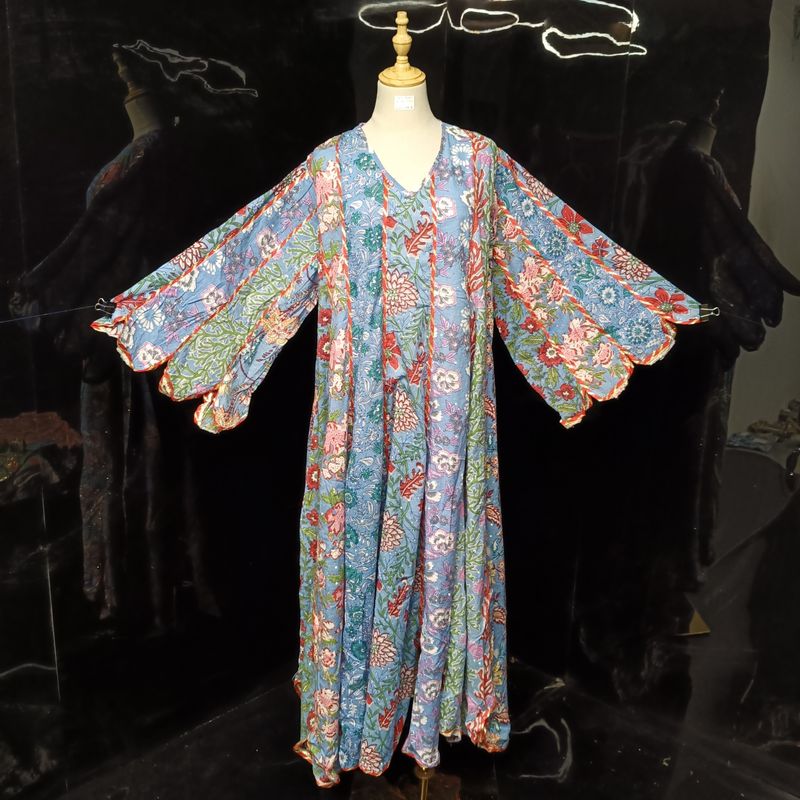 2XL/3XL Meher Crystal Blue Printed Cotton Dress 57" Long Jalabiya