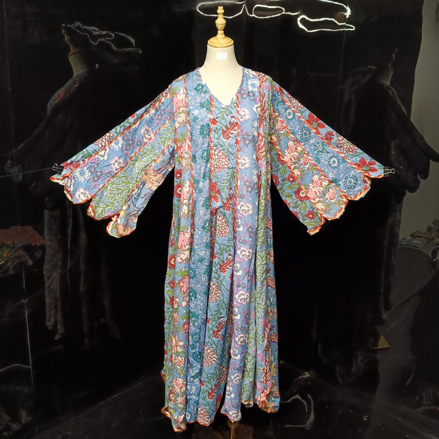 2XL/3XL Meher Crystal Blue Printed Cotton Dress 57" Long Jalabiya