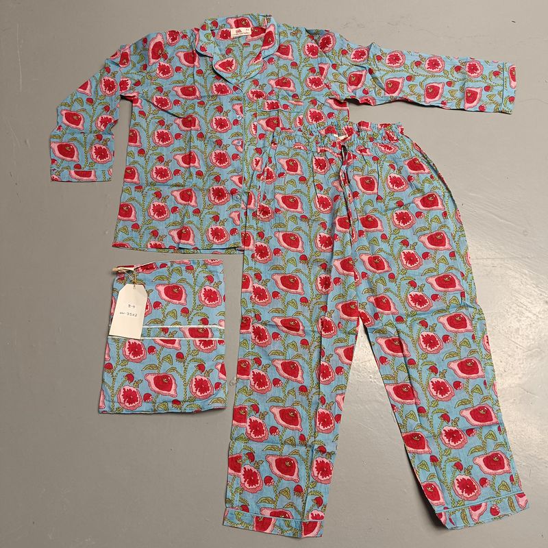 8-9 Year Cotton Full Sleeves Shirt Collar Neck Full Pajama Set