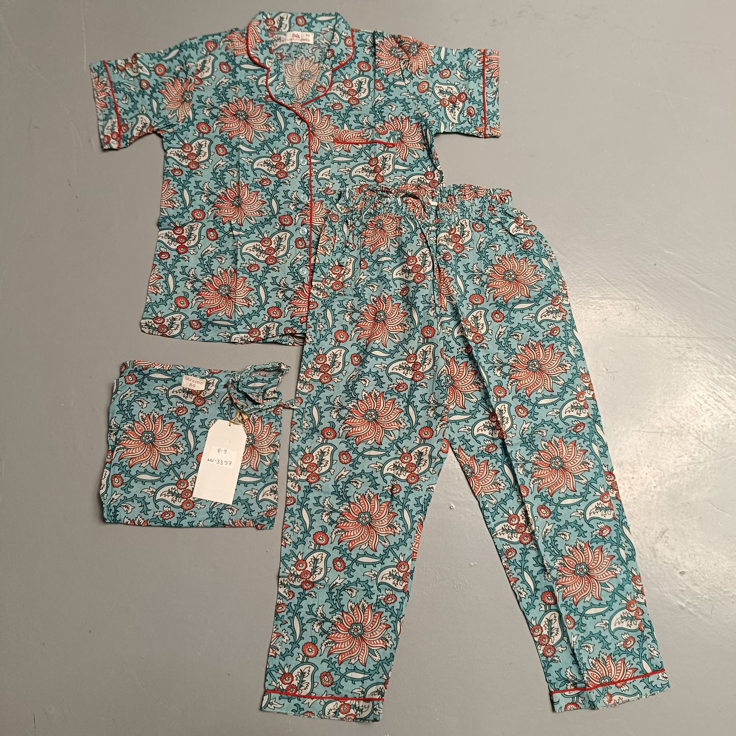 8-9 Year Cotton Half Sleeves Shirt Collar Neck Full Pajama Set