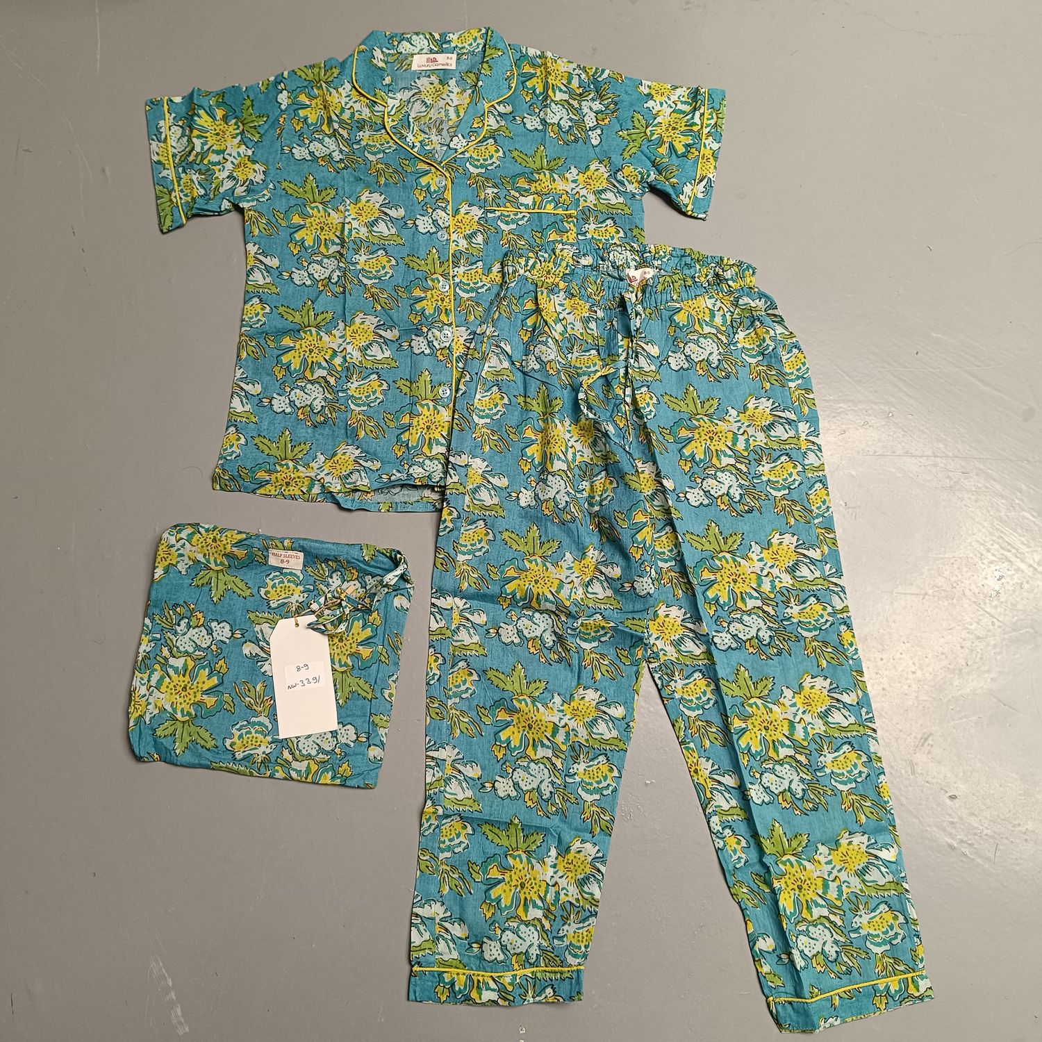 8-9 Year Cotton Half Sleeves Shirt Collar Neck Full Pajama Set