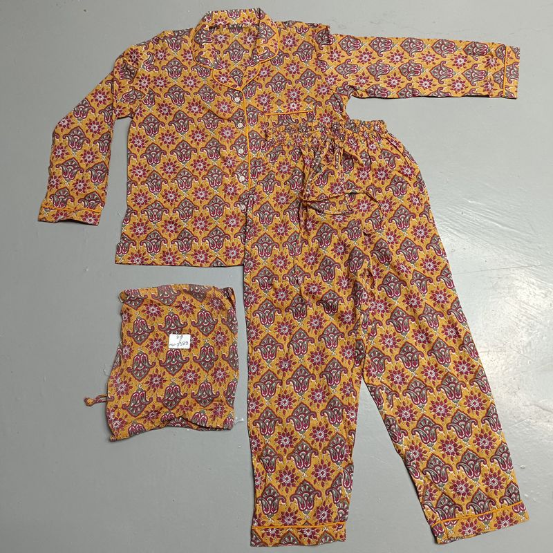 8-9 Year Cotton Full Sleeves Shirt Collar Neck Full Pajama Set