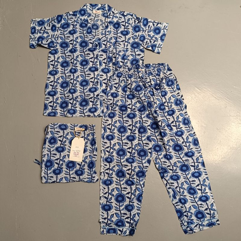 8-9 Year Cotton Half Sleeves Shirt Collar Neck Full Pajama Set