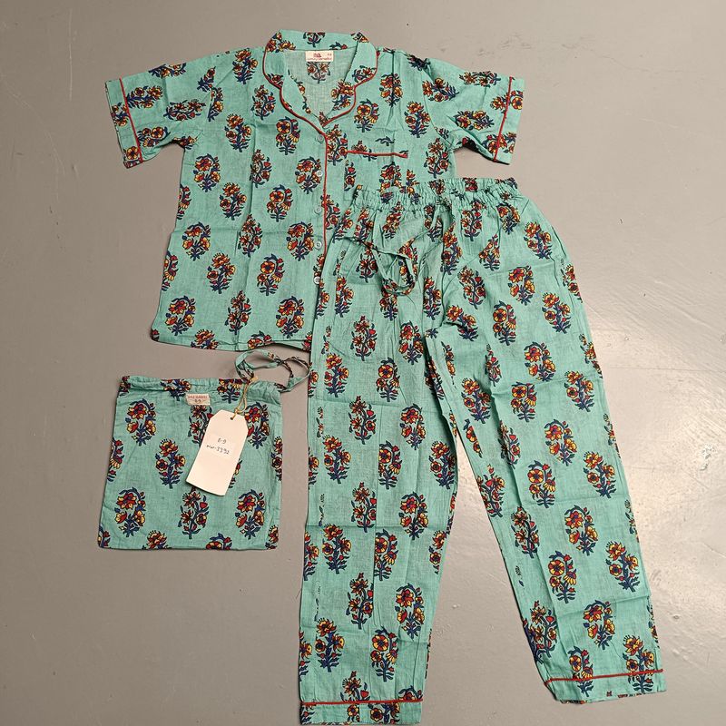 8-9 Year Cotton Half Sleeves Shirt Collar Neck Full Pajama Set