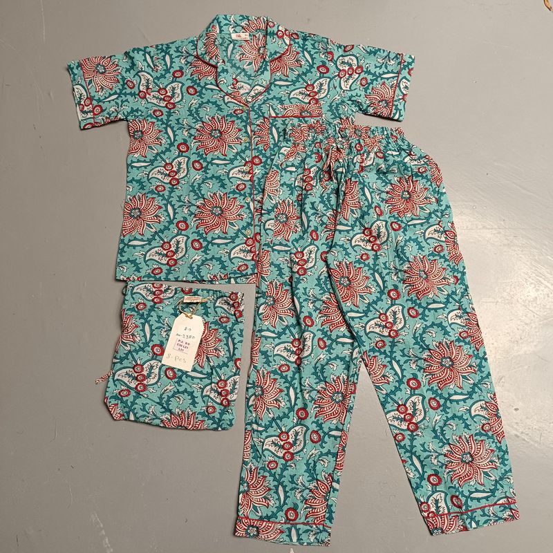 8-9 Year Cotton Half Sleeves Shirt Collar Neck Full Pajama Set