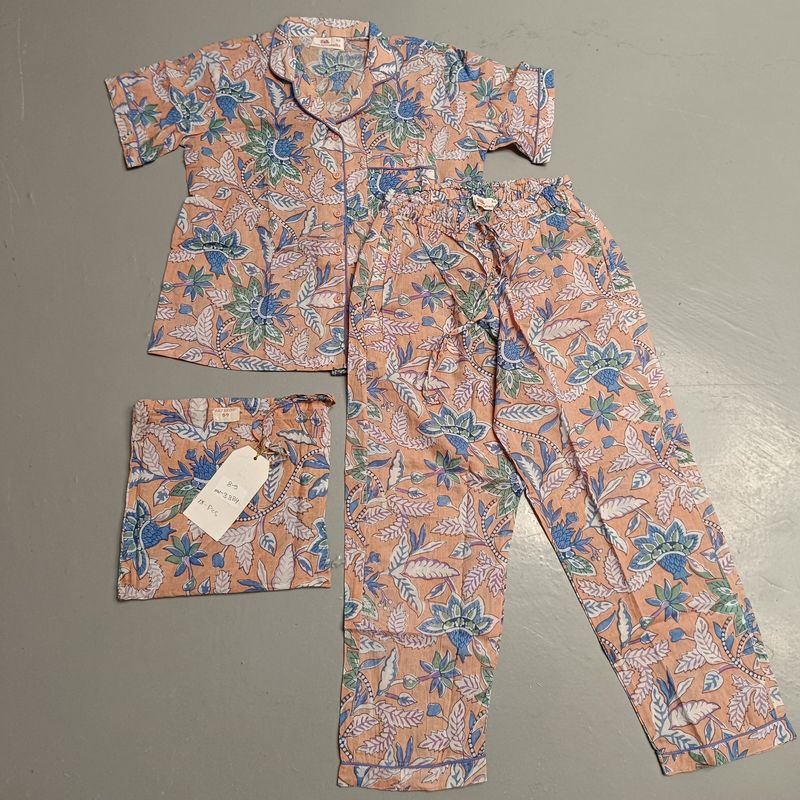 8-9 Year Cotton Half Sleeves Shirt Collar Neck Full Pajama Set