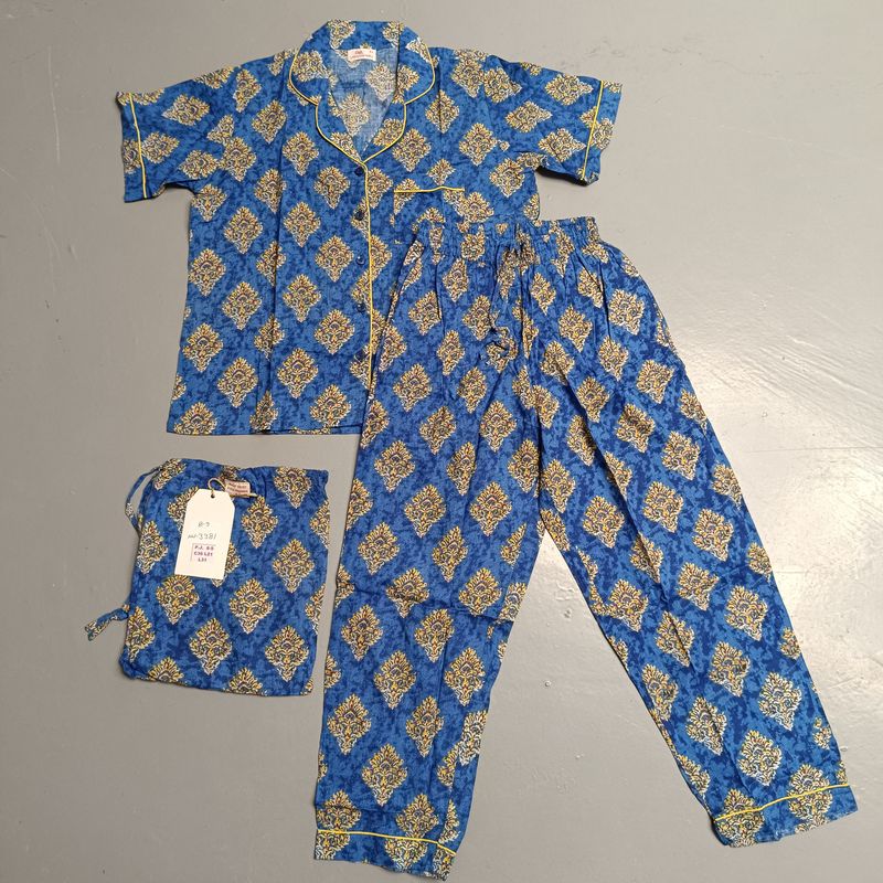 8-9 Year Cotton Half Sleeves Shirt Collar Neck Full Pajama Set