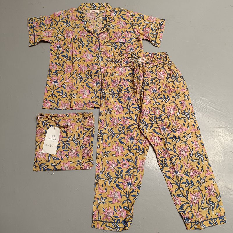 8-9 Year Cotton Half Sleeves Shirt Collar Neck Full Pajama Set