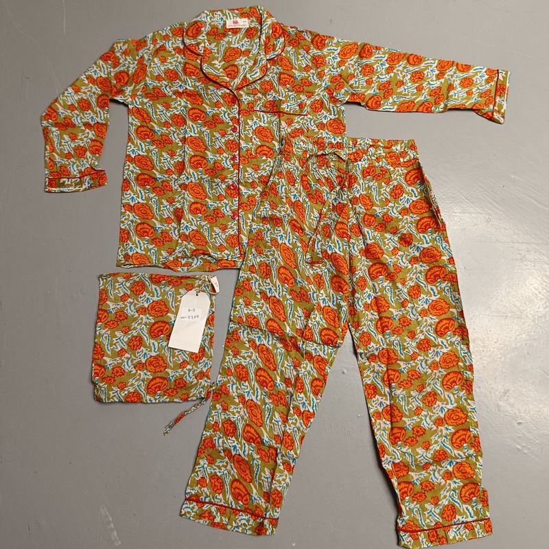 8-9 Year Cotton Full Sleeves Shirt Collar Neck Full Pajama Set