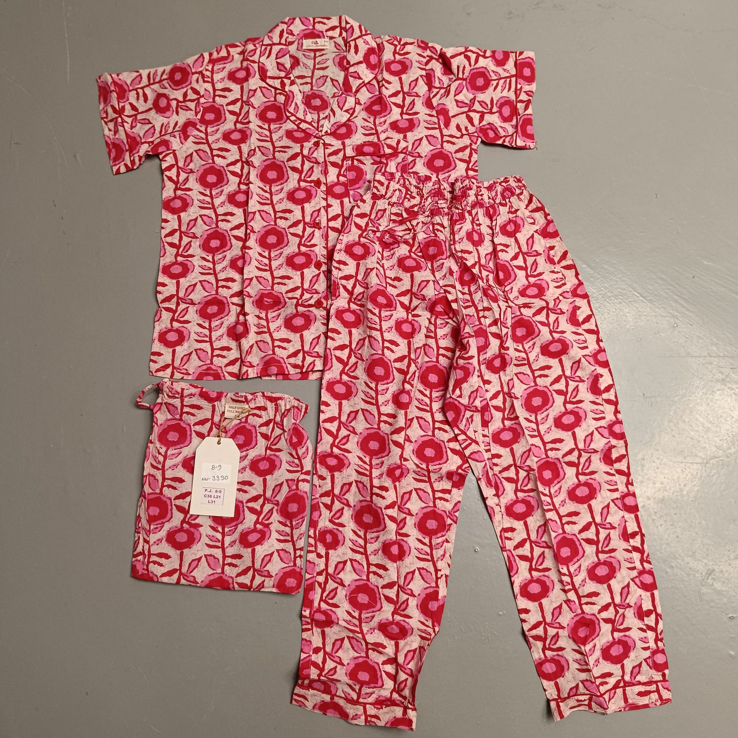 8-9 Year Cotton Half Sleeves Shirt Collar Neck Full Pajama Set