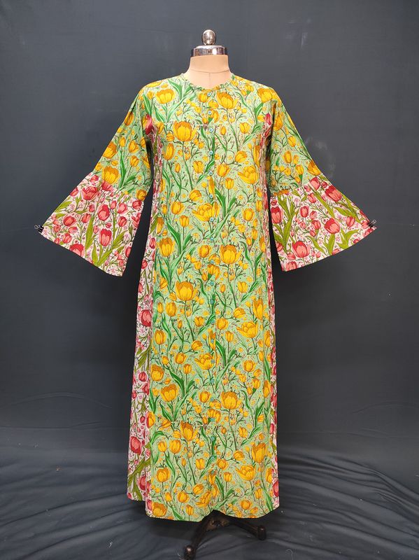 S/M Geti Printed Cotton Dress 57" Long Jalabiya