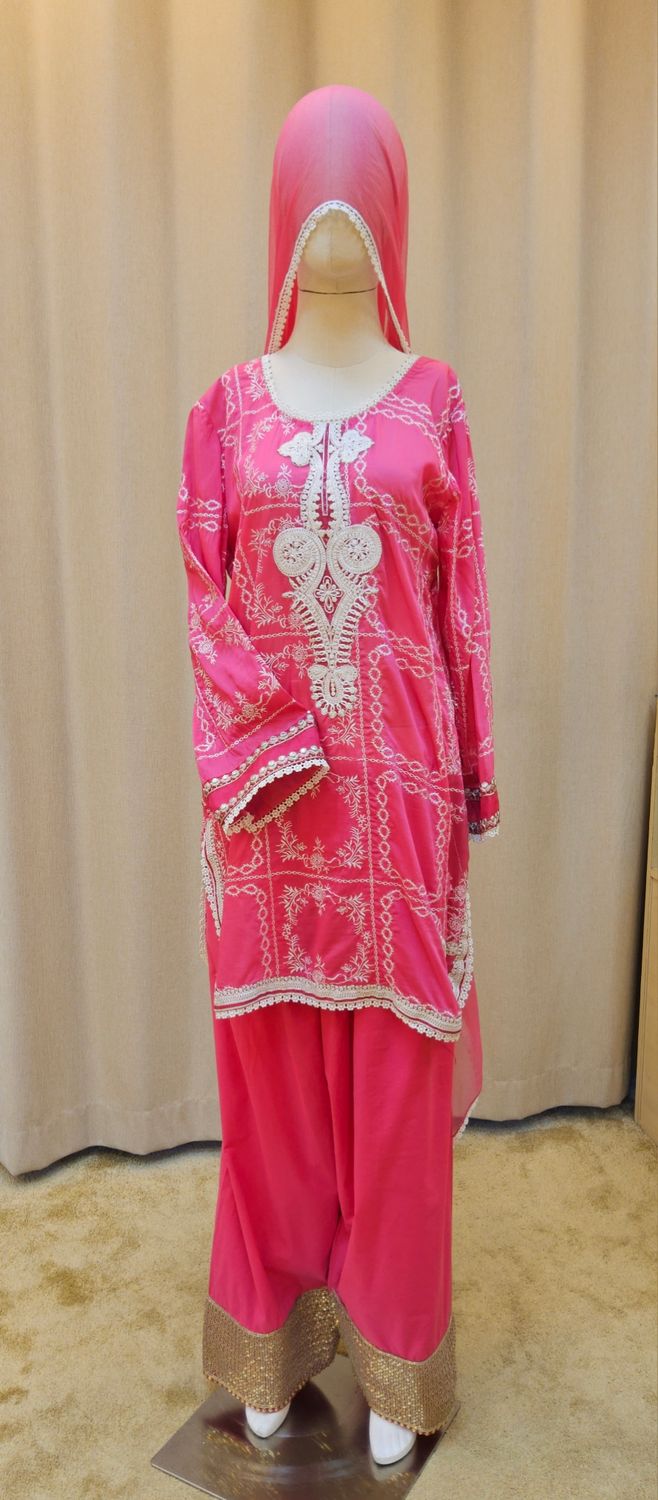 L-XL Sheelys fabric pure silk khaadi embroidered shirt with thread and dabka work with sheila  and trouser 3 PCs Set by