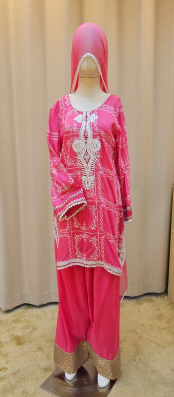 L-XL Sheelys fabric pure silk khaadi embroidered shirt with thread and dabka work with sheila  and trouser 3 PCs Set by