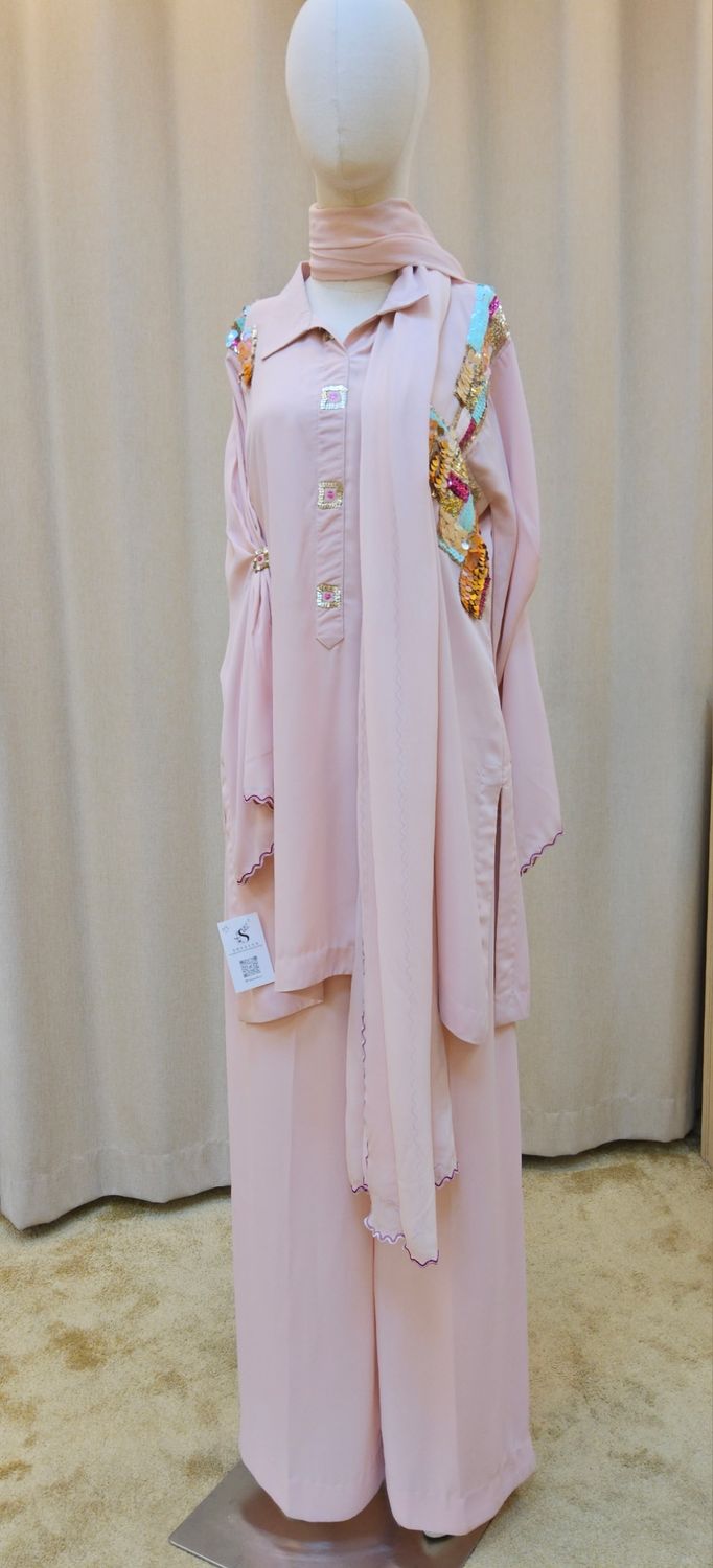 L-XL Sheelys fabric pure silk khaadi embroidered shirt with thread and dabka work with sheila  and trouser 3 PCs Set by
