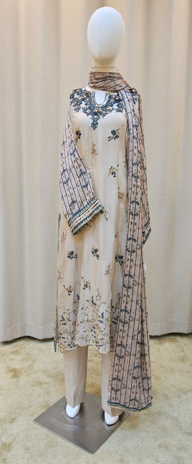 L-XL Sheelys fabric pure silk khaadi embroidered shirt with thread and dabka work with sheila  and trouser 3 PCs Set by